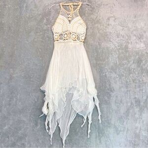 Handcrafted Beech Crocheted Cover Up Dress in White Butter Yellow Size S Boho